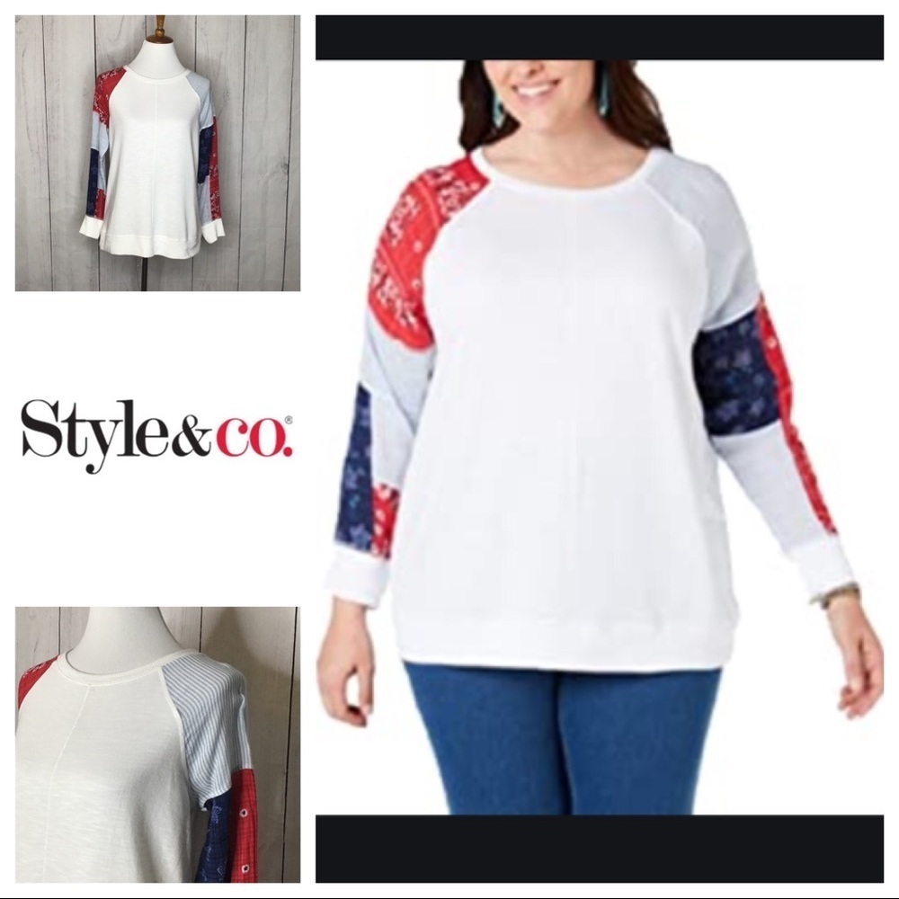 Style &‎ Co Red,White and Blue Patchwork Sleeve Lightweight Pullover Top Sz XS